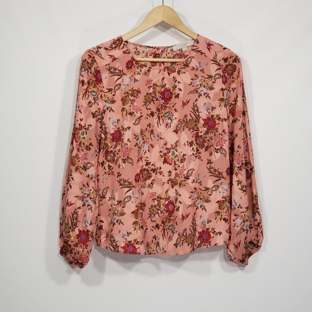 LOFT  Peach Pink Floral Textured Blouse  Women's XS